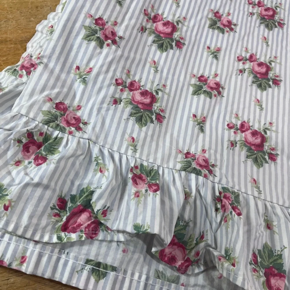 Vtg Ralph Lauren Emma Blue Floral Rose Ticking Stripe Ruffle Full Flat Sheet USA